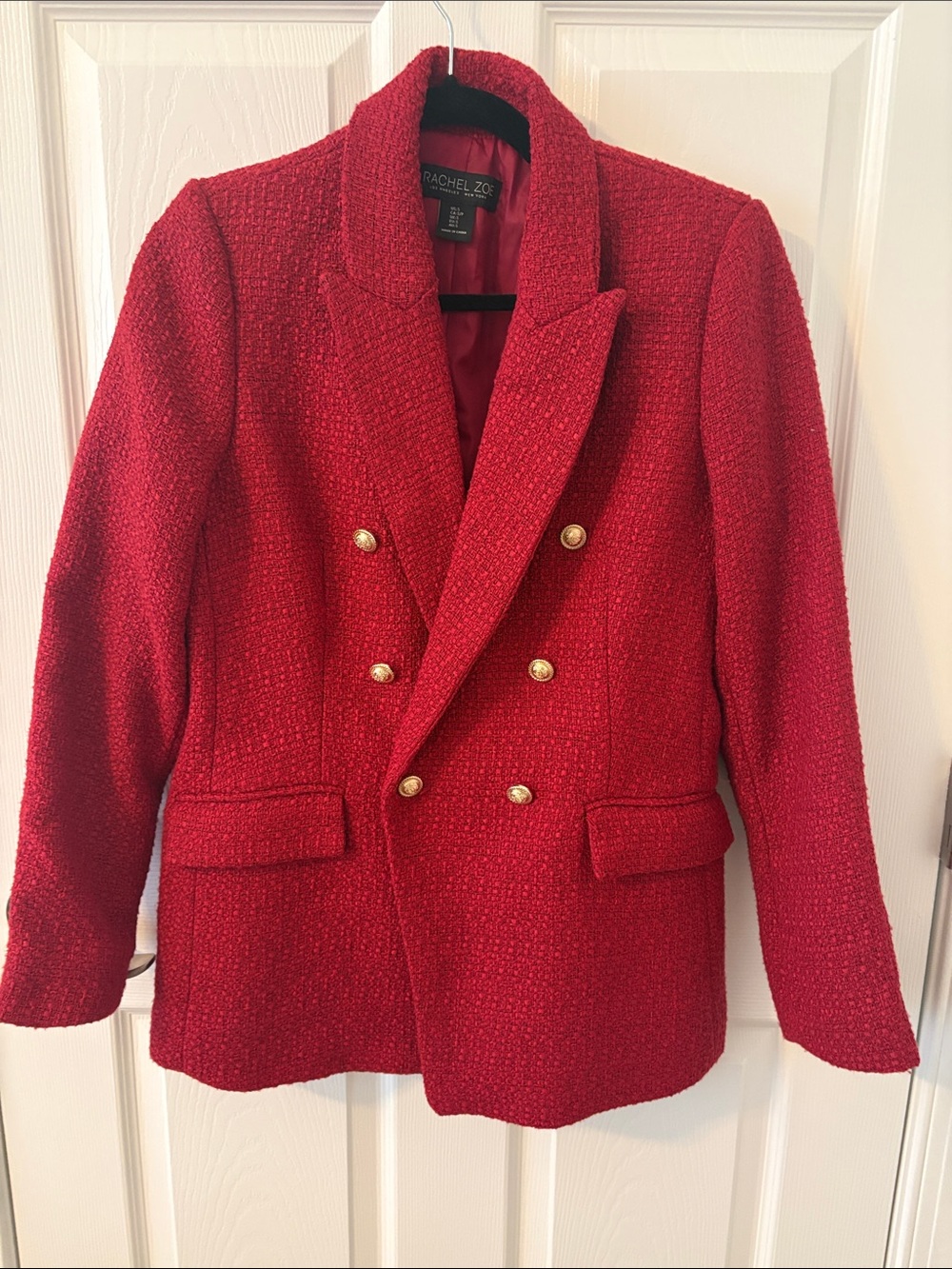 Rachel Zoe Crimson Red Double-Breasted Tweed Blazer